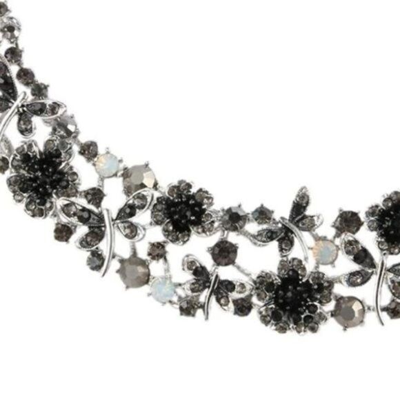 Silver & Black Onyx Austrian Crystal Hibiscus Butterfly Necklace & Earrings Set - Picture 3 of 8